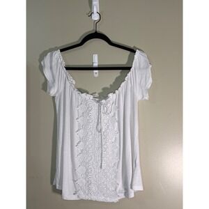 No Comment NY-LA White Crochet Lace Peasant Top Off Shoulder Boho Blouse 3D206 L